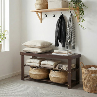 Banc à chaussures en bambou 90 cm - étagère à chaussures à trois couches, rangement pour chaussures en bois, banc à chaussures d'entrée, étagère à chaussures moderne