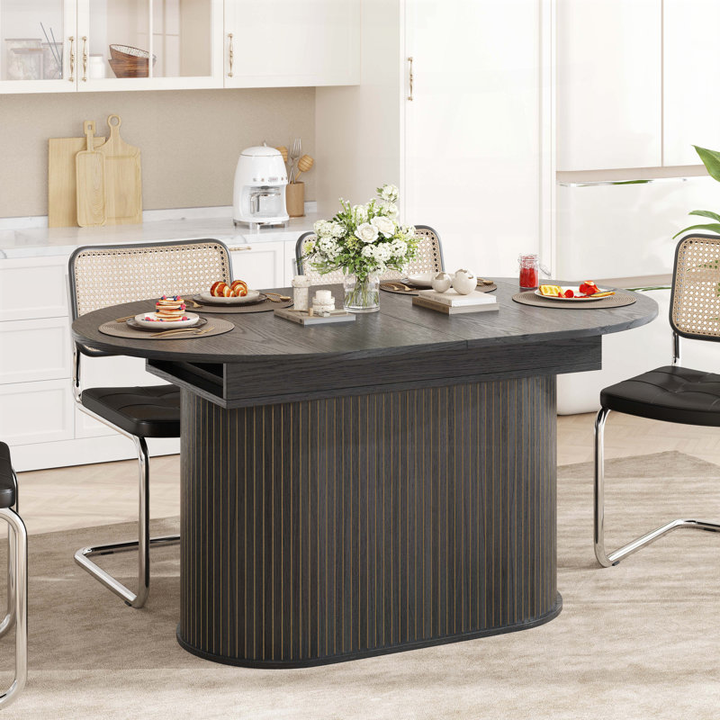 Table de salle à manger extensible en forme d'arc avec pieds rayés (55,11 po à 70,86 po, noir, 4 à 6 places), Noir