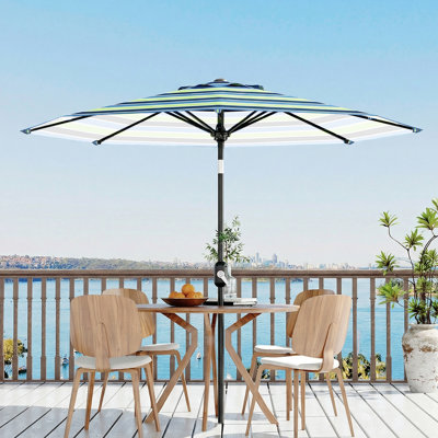 Parasol d'extérieur 10 pi - Protection UV, toile imperméable, 8 baleines robustes, manivelle et inclinaison - Parasol de table de marché pour le jardin, la piscine, la terrasse, la cour arrière - Rayures