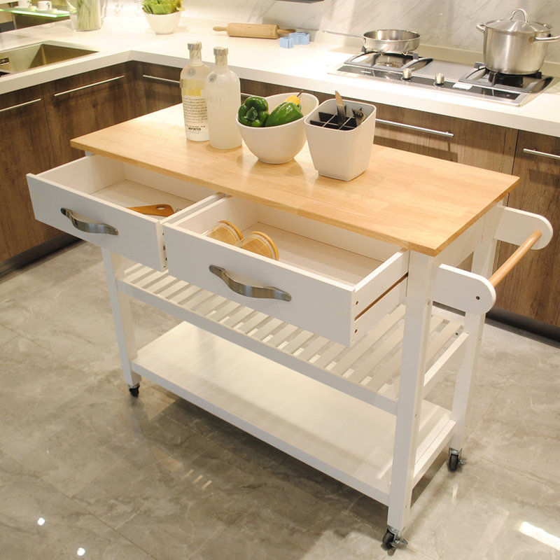 Chariot pour îlot de cuisine avec plateau en bois d'hévéa, deux roues verrouillables, tiroirs et tablettes ouvertes pour un grand chariot de rangement, panneau de densité de qualité P2 et roues