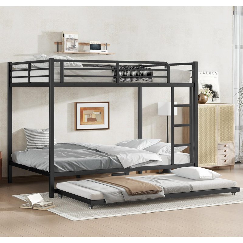 Metal Bunk Bed with Trundle, Black, Full Over Full