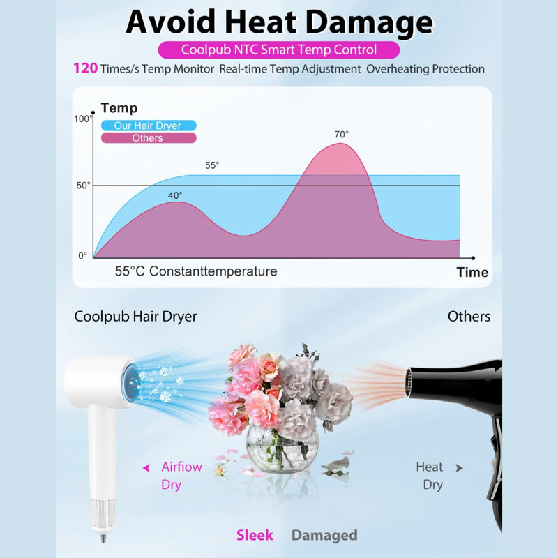 Hair Dryer, 180000 RPM High-Speed Brushless Motor 500 Million Negative Ionic Blow Dryer for Fast Drying, Quiet Thermo-Control for Home, Travel & Salon