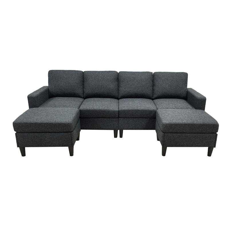 Linen Upholstered Modular Sectional with 2 Ottomans, Linen - Charcoal Black