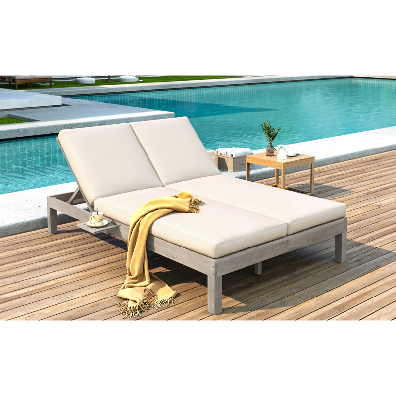 5-Position Adjustable Backrest Double Chaise Lounge Outdoor, with Cushion and Folding Side Trays for 2 People, Patio Double Chaise Lounge for Poolside Garden