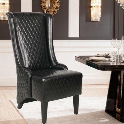 23" Faux Leather High-Back Dining Chair with Wingback Design and Wooden Legs