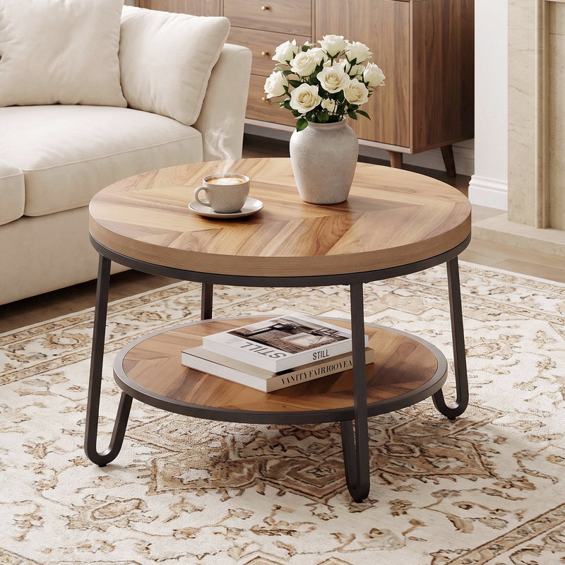 Mia 32" Round Coffee Table with 2-tier Storage Shelves