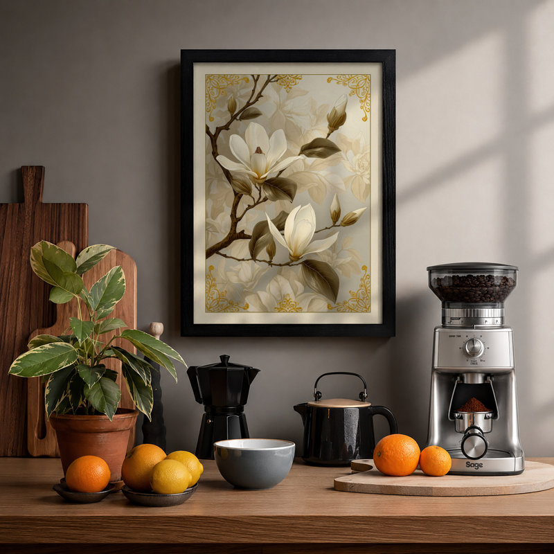 Magnolia Blossom Botanical - Framed Print, A4 - 29.7 x 21.0 cm, Black
