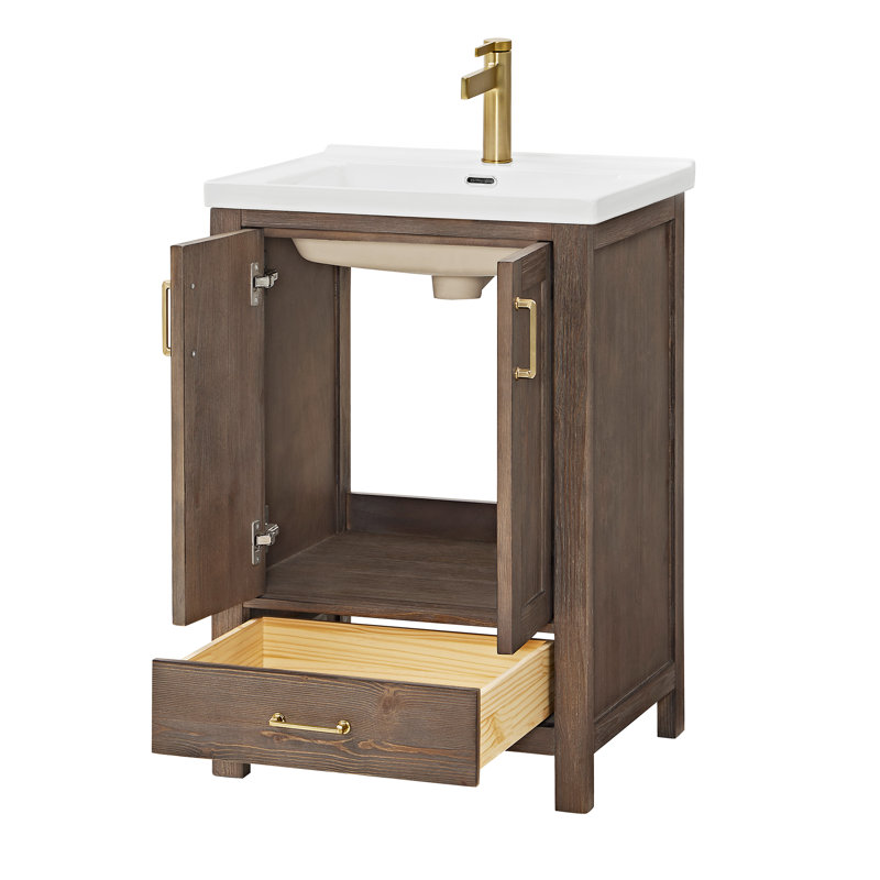 23.6'' Spruce Vintage Brown Single Bathroom Vanity with Ceramic Top