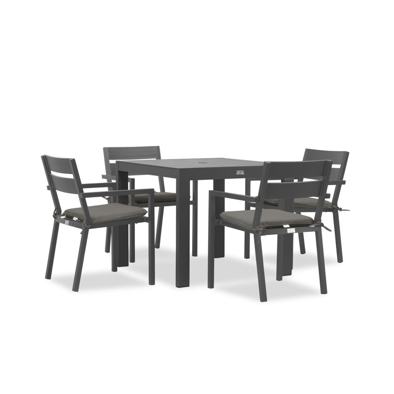 Eartha Square 4 - Person Power Coated Aluminum Dining Set with Cushions, Toile Sunbrella® régate, Gris ardoise