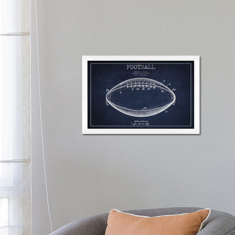 Football Navy Blue Patent Blueprint by Aged Pixel - Floater Frame Print on Canvas, 152.5 cm H x 101.5 cm W, White Framed