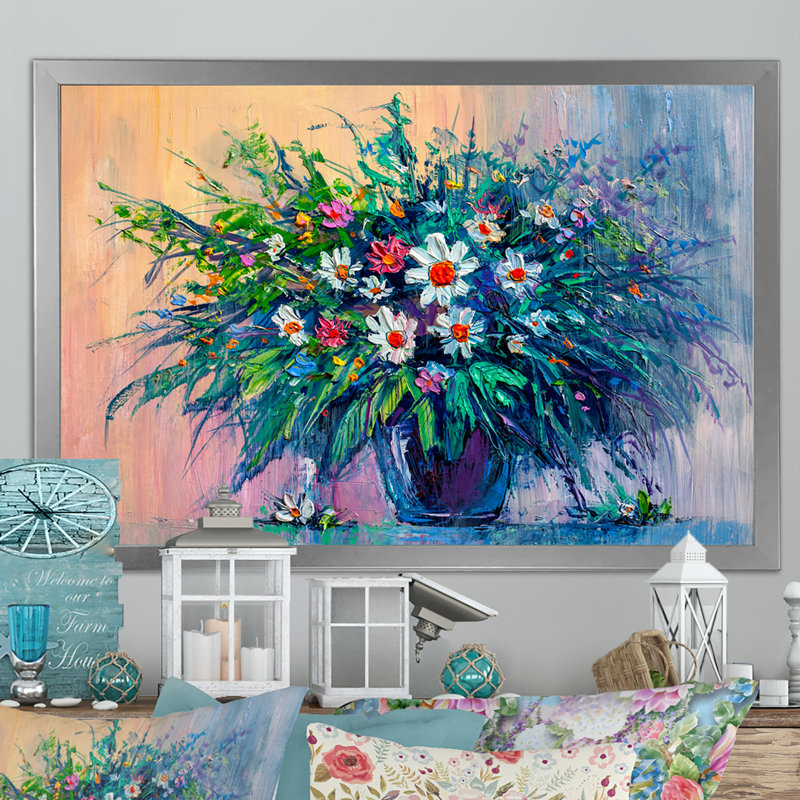 «Abstract Green Marguerite Flowers», reproduction sur toile flottante, H 12 po x l 20 po x P 1 po, Cadre photo argenté