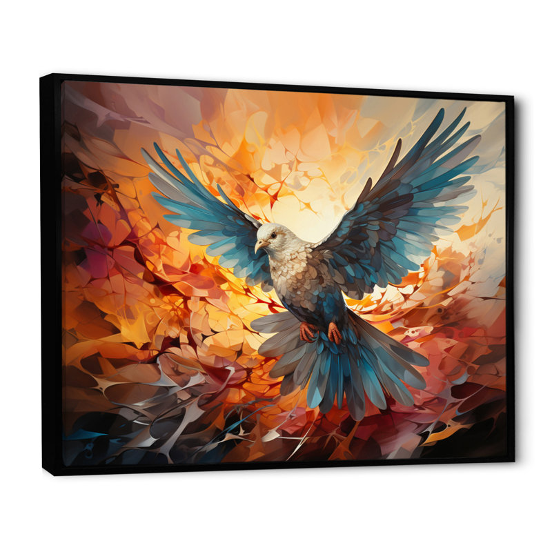 «Teal Dove Winged Messenger Geometric II», reproduction sur toile, H 30 po x l 40 po x P 1,5 po, Cadre flottant noir