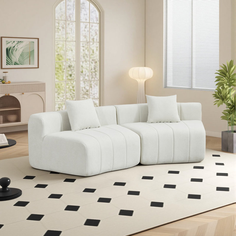 Canapé modulaire courbé en chenille 2 pièces avec 2 coussins Boneless, Chenille beige, H 29 po x l 88 po x P 33 po