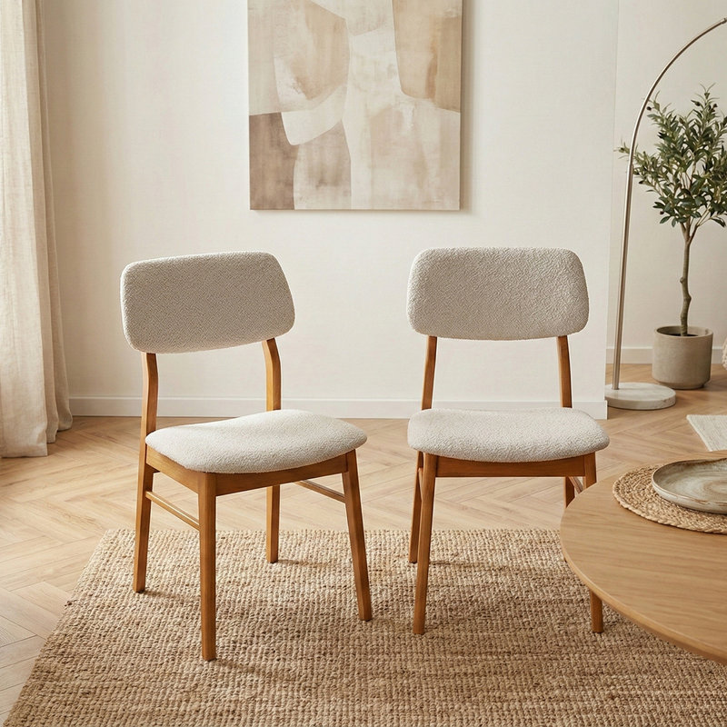 Chaise de salle à manger rembourrée Joy Boucle, blanc, ensemble de 2, structure solide, couleur chêne, assise de 18,5 po de hauteur