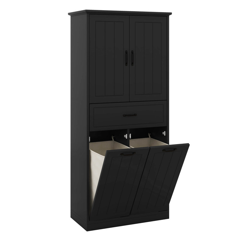Grande armoire de rangement pour salle de bain avec portes et tiroir, armoire de rangement avec deux paniers à linge amovibles, tablette réglable