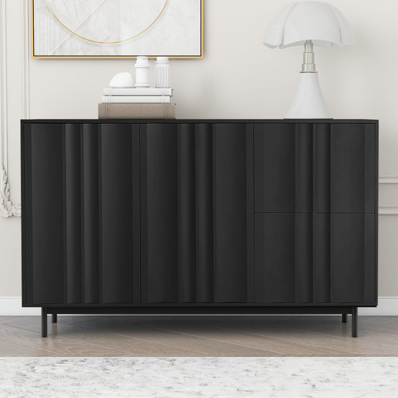 Wave Pattern Storage Cabinet With 2 Doors And 2 Drawers, Black