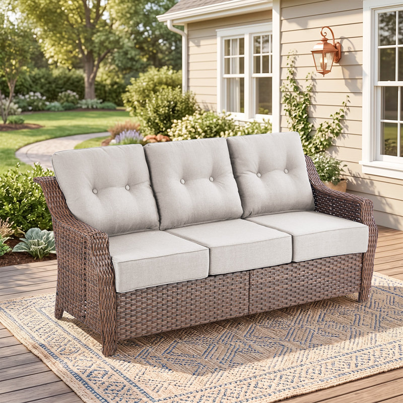 75'' Wide Wicker Outdoor Sofa With Patio Cushions, Beige