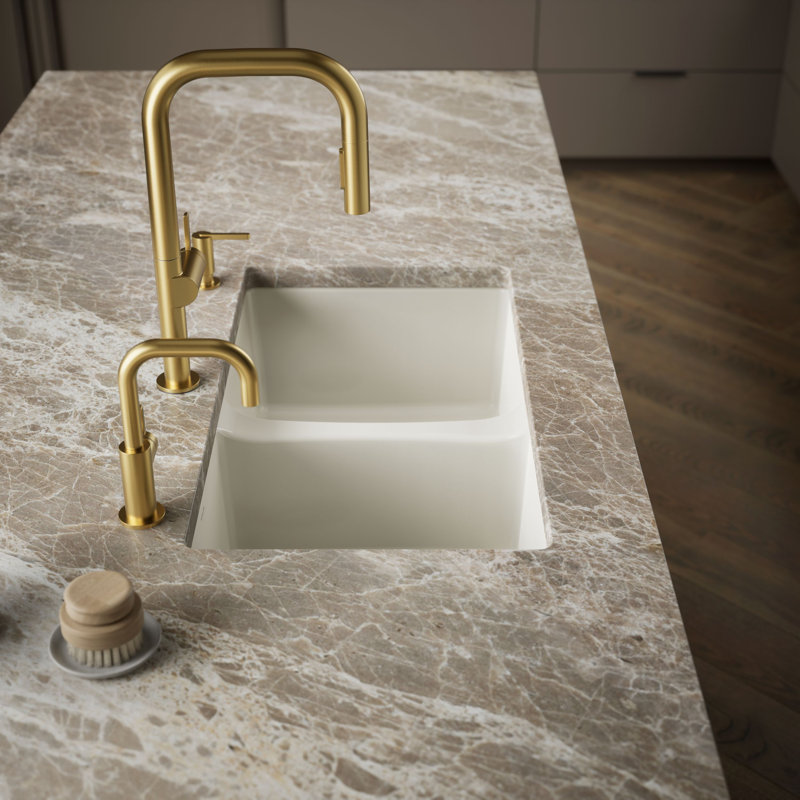 Deerfield 33" L x 22" W Double Basin Drop-In Kitchen Sink with Accessories, 5 Hole, Biscuit