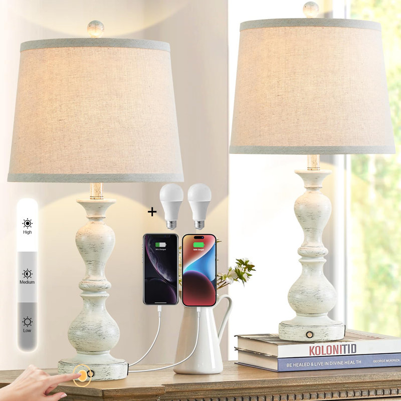 Norene Resin USB Table Lamp, White, 22" H x 11" W x 11" D, Yes