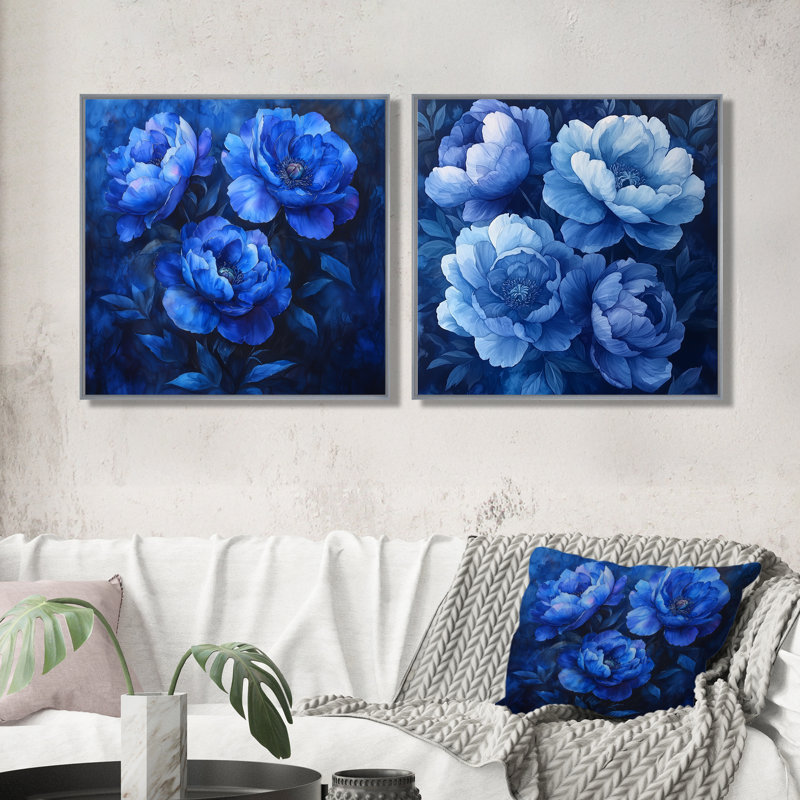 «Midnight Blue», ensemble de pivoines I - pivoines, art mural traditionnel sur toile 2 pièces, H 16 po x l 33 po