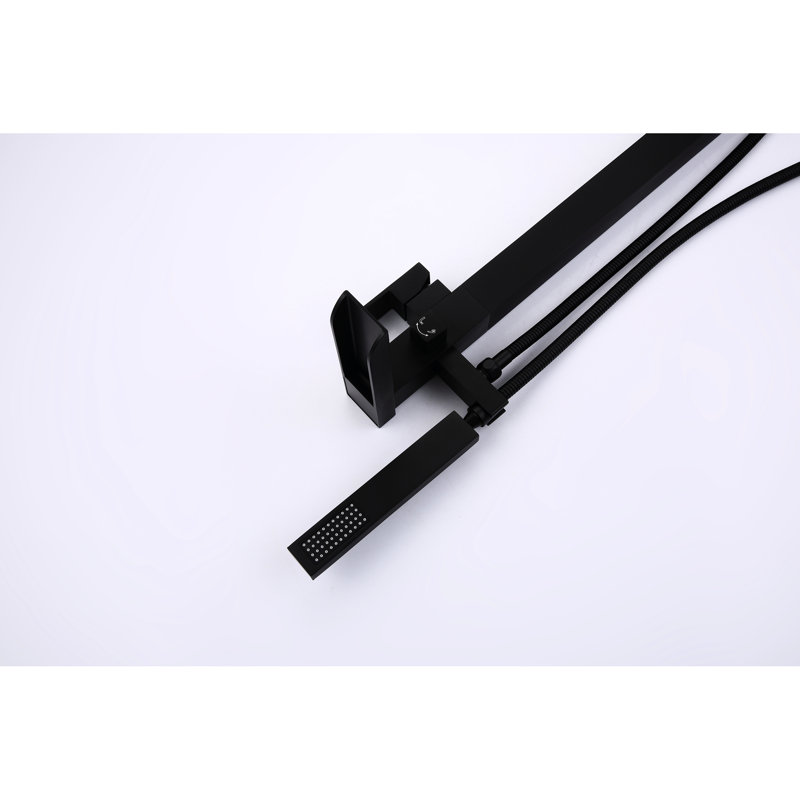 Floor Mount Tub Filler Faucet In Matte Black - Bathroom With Handheld Shower, Single Handle, And Rust Resistance Hand Shower Freestanding Filler, Mounted, Corrosion For Style