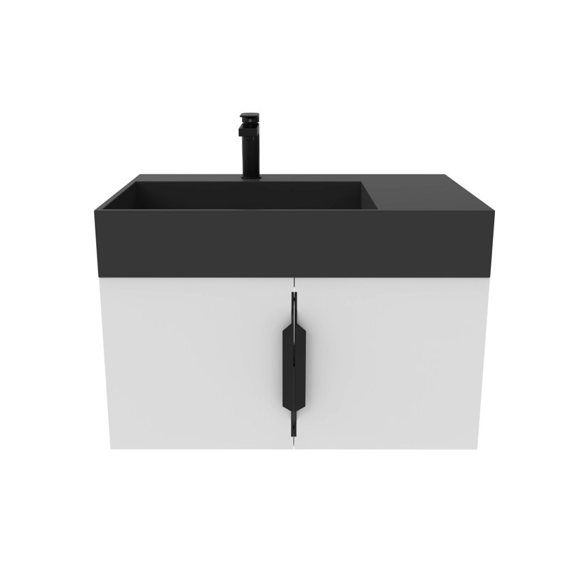 Amazon 30'' Wall Mounted Single Bathroom Vanity with Solid Surface Top, Black, White, Black
