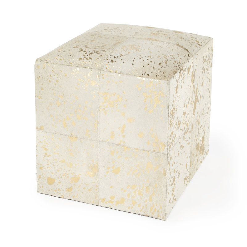 Victorian Hair on Hide with Spots Cube Ottoman, Ivory/Beige Genuine Leather