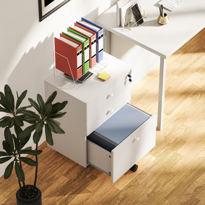 3-Drawer Filing Cabinet with Lock, Mobile File Cabinet, White