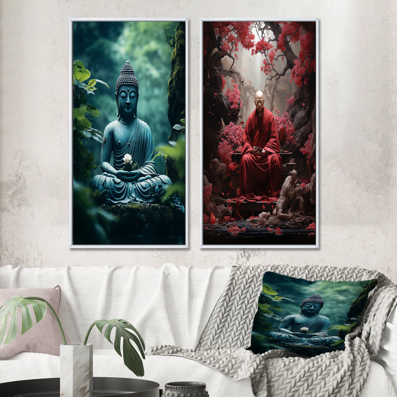«Teal Buddhism Buddhas Serenity», 2 pièces sur toile, Cadre blanc, H 40 po x l 40 po