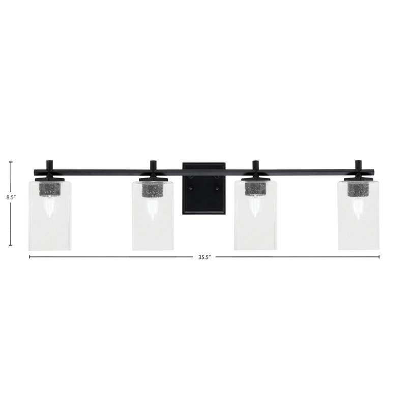 Barre d'éclairage de salle de bain 3 lumières Mariko avec verre carré transparent de 4 po, Noir mat, 4 lumières