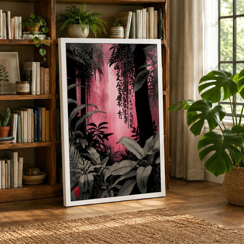 Pink Light Through Jungle Surrealism - Wrapped Canvas, 18x12 - 45.7 x 30.5 cm, Teal Border