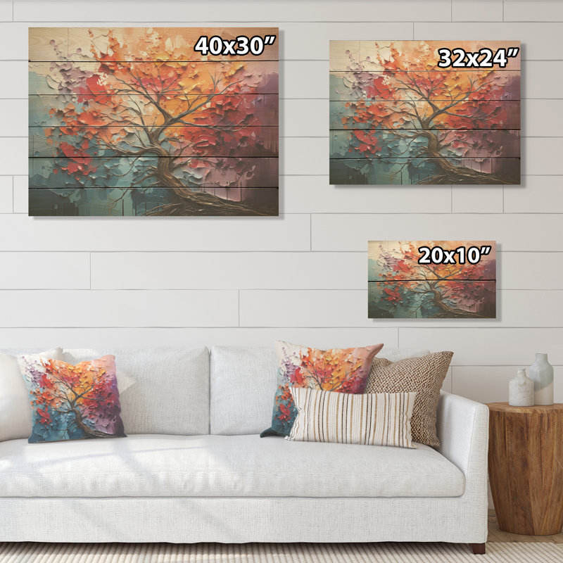 Expressionist Vibrance Of Raimbow Tree - Tree Redwood Wood Art On Natural Pine Wood, 24" H x 32" W