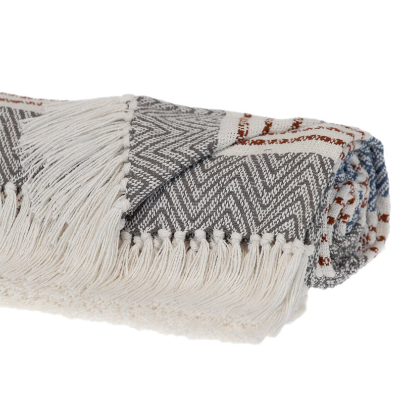 Jeté rayé en coton tissé, Gris / bleu / rayé brun
