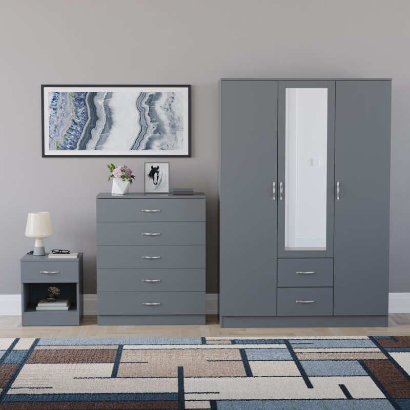 Maybery 3 Piece Bedroom Set (1 Drawer Bedside Chest, 5 Drawer Chest, 3 Door 2 Drawer Mirrored Wardrobe), (5), Grey