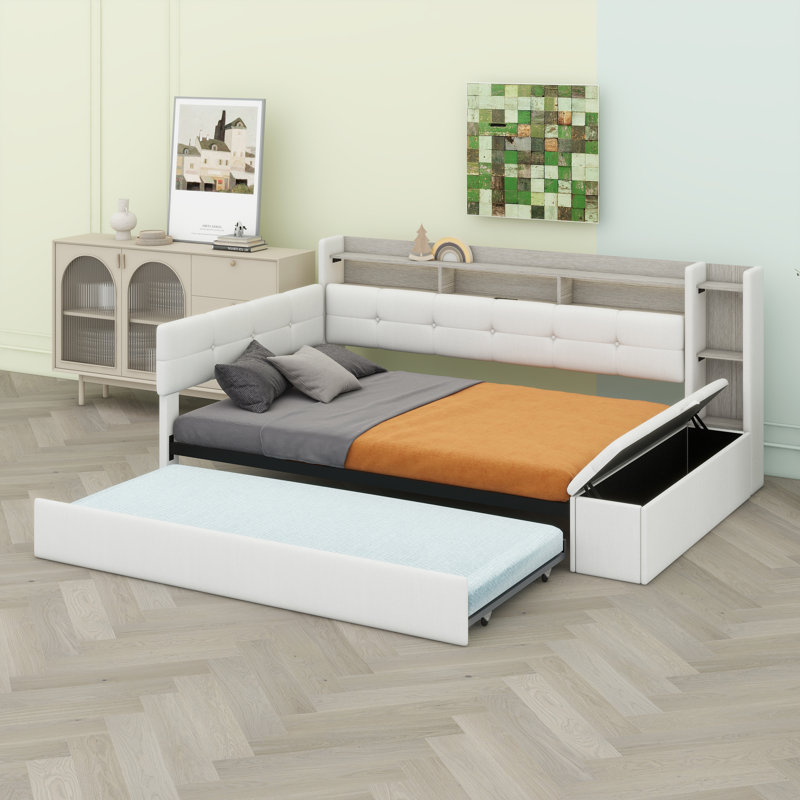 Daybed with Storage Footstool & Shelves, Upholstered Frame with Trundle, USB & LED Light, Beige