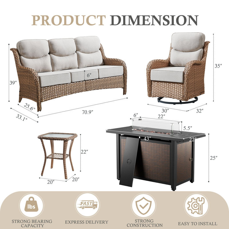 Ensemble de conversation extérieur en osier pour 7 personnes avec canapé, fauteuils pivotants, table d'appoint et foyer.