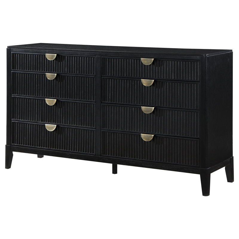 Commode Jack, 8 tiroirs, poignées en métal doré, bois noir brossé