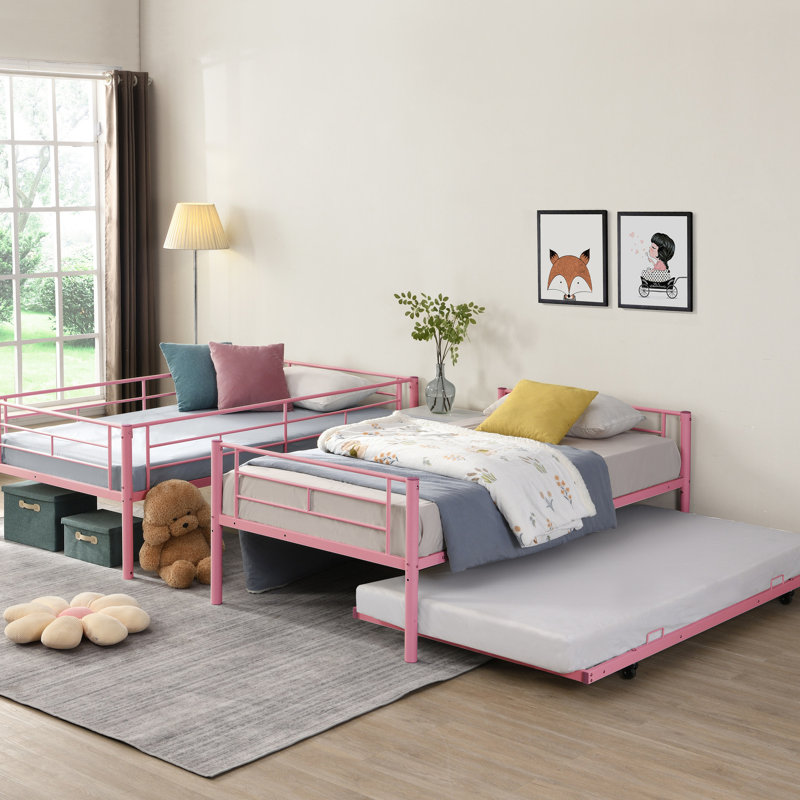 Lit superposé en métal rose avec lit gigogne - chambre à coucher moderne et élégante, solution peu encombrante, cadre pour la longévité, utilisation silencieuse et stable, capacité de bruit élevée, escalier sécuritaire, structure simple sur deux, facile à assembler