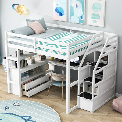 Lit mezzanine double avec bureau, tablettes et rangement - Blanc