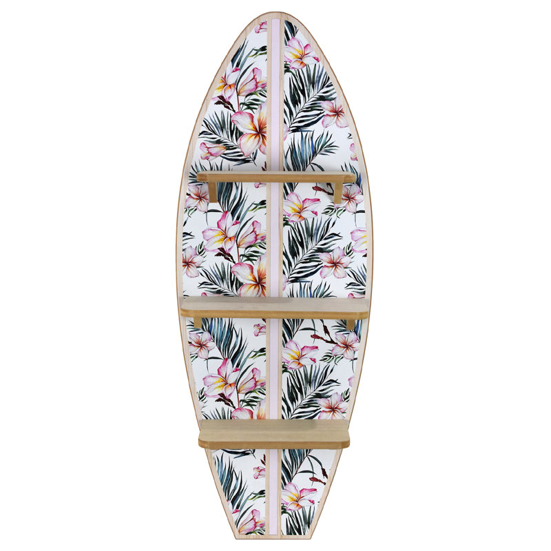 Étagère murale en bois à 3 niveaux, motif planche de surf, fleurs tropicales et feuilles de palmier (33 x 89 cm), décoration florale côtière avec imprimé frangipanier, idéale pour la chambre, le salon, le bureau et la salle de bain.