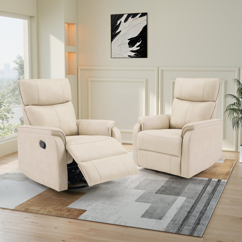 31.9" Wide Contemporary Soft Upholstered Swivel And Rocker Manual Recliner (Set Of 2), Beige