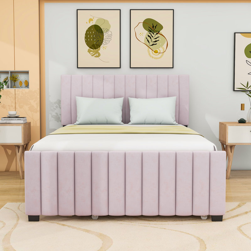Full Upholstered Platform Bed with  Trundle, Pink