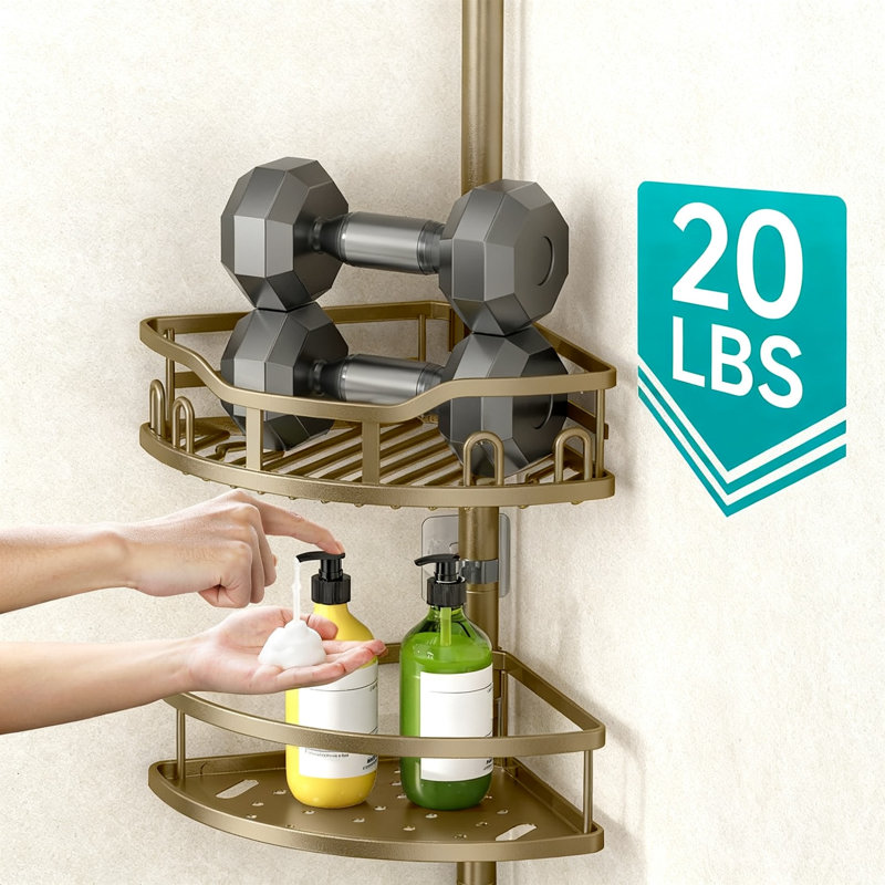 Corner Shower Caddy Tension Pole, 4-Tier, (Matte Gold), Matte Gold