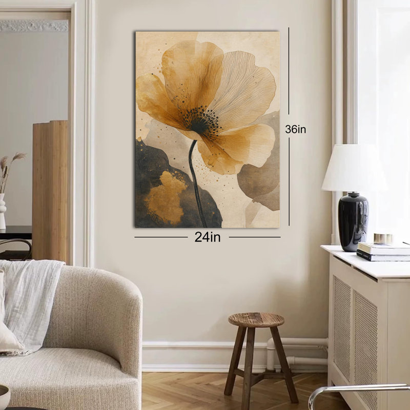 Toile imprimée transparente à motif d'éclaboussures de coquelicots, teinte sépia neutre, montée sur châssis, 20 x 30 po
