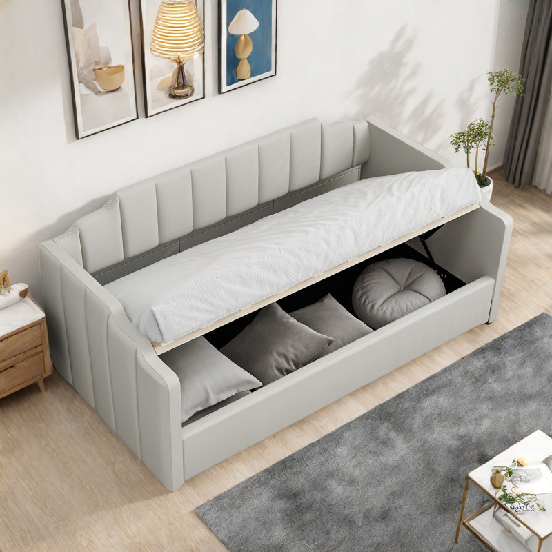 Lit de jour moderne rembourré avec plateau de rangement en dessous et motif à rayures verticales, Beige, Lit simple