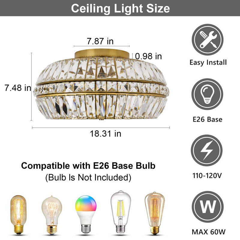 3-Light 18.31" Crystal Flush Mount Ceiling Light, Brushed Gold