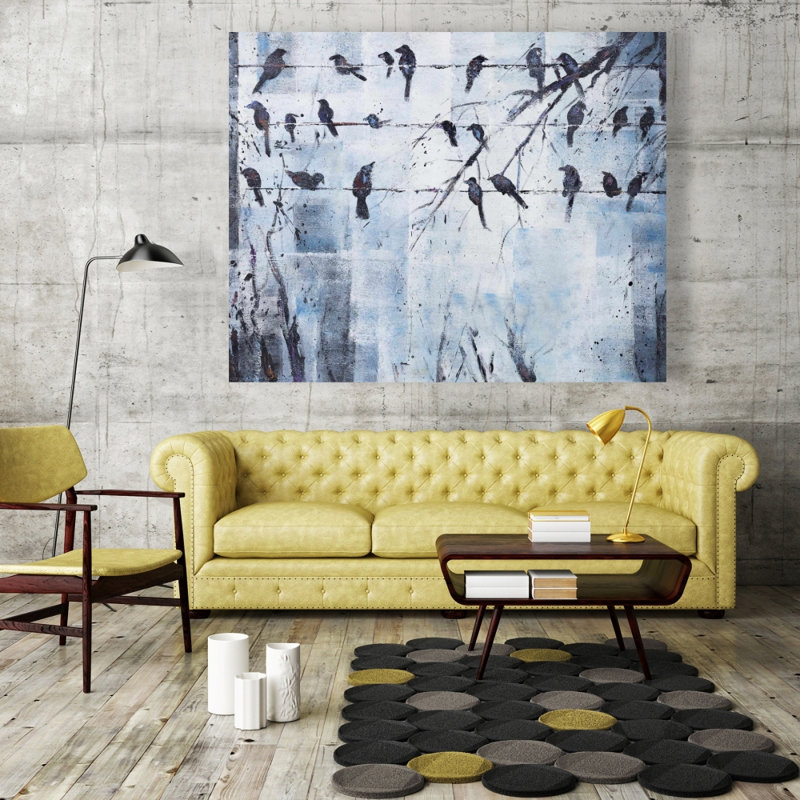 Oiseaux abstraits sur fil électrique - Toile de chambre contemporaine, H 48 po x l 60 po