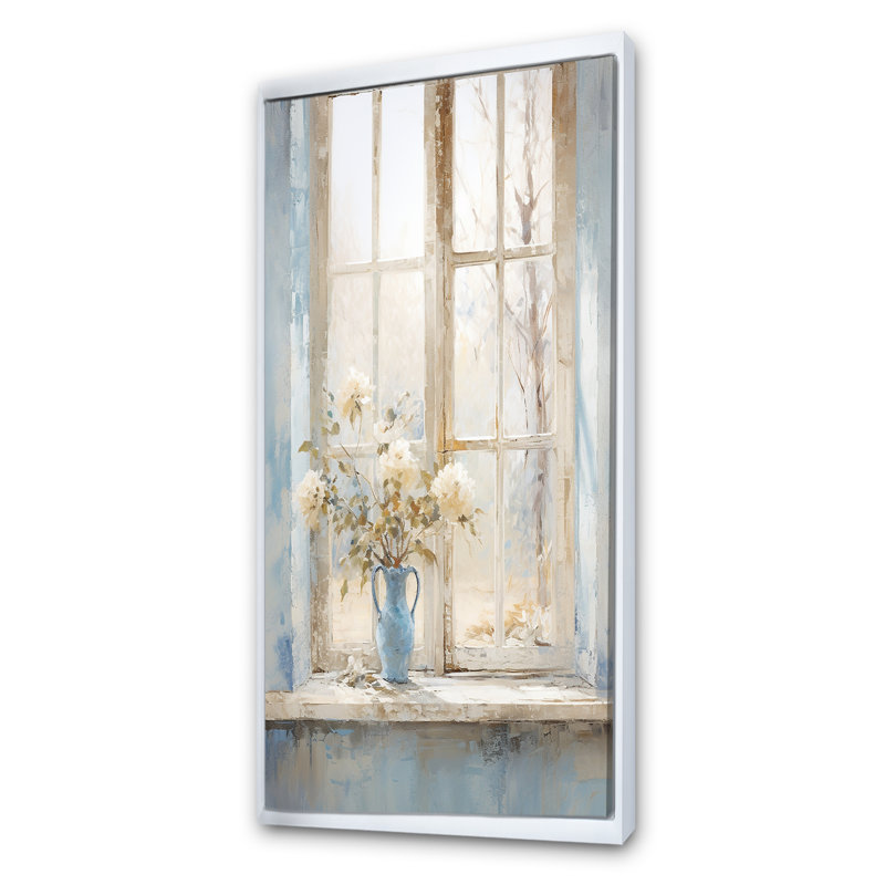Blanc et bleu, minimalisme floral, fenêtres I, Cadre flottant blanc, H 60 po x l 28 po x P 1,5 po