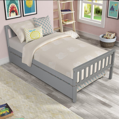 Grey Twin Platform Bed With Trundle Solid Pine Space Saver