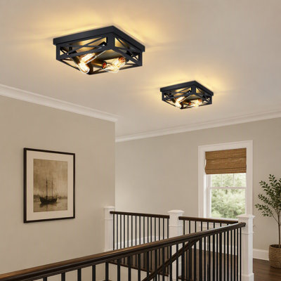 2 Pack 4-Light Matte Black Farmhouse Square Flush Mount Ceiling Light